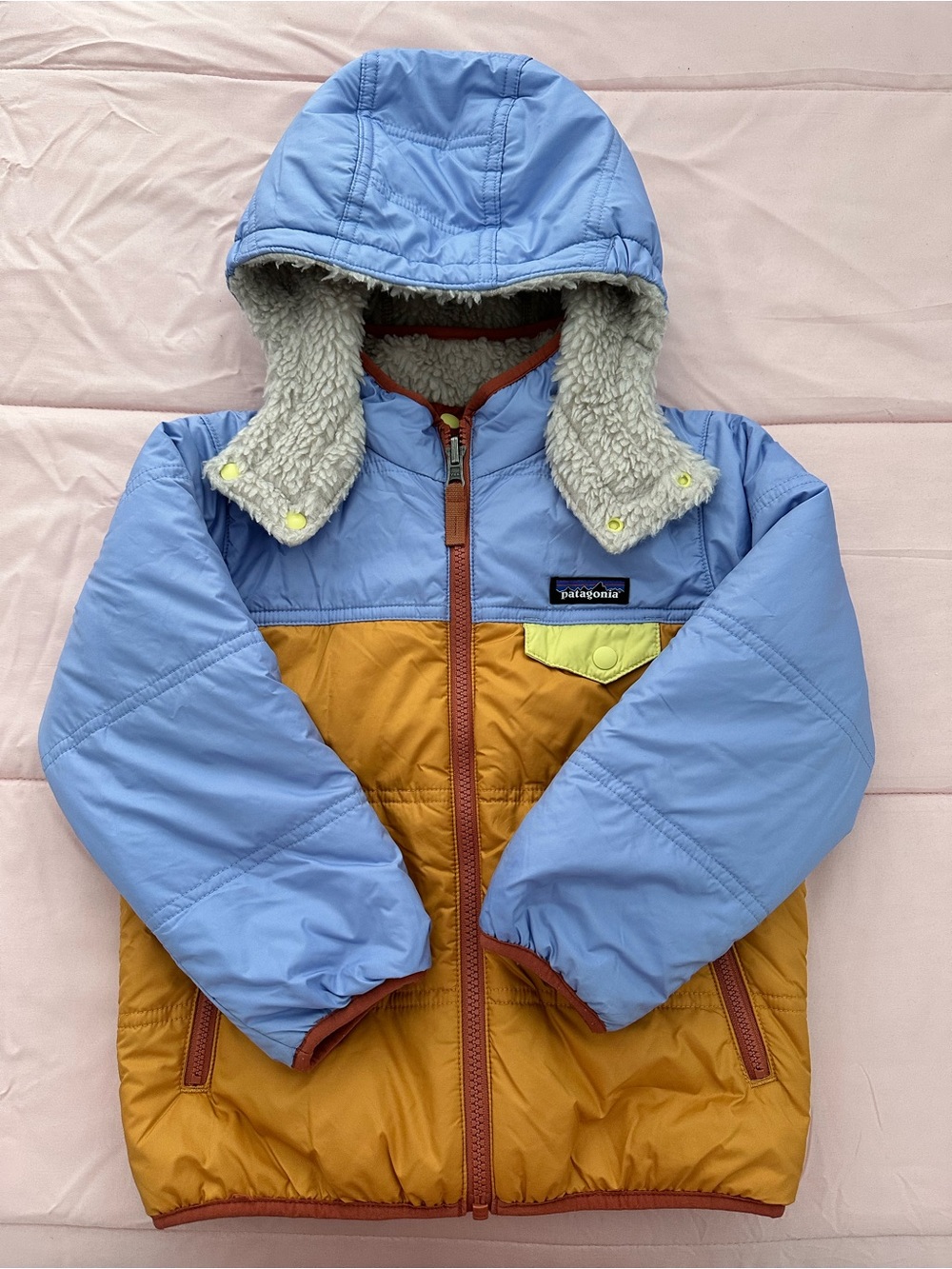 Reversible Patagonia Kids Two-Tone Puffy Jacket in Sky Blue & Mustard (Unisex)